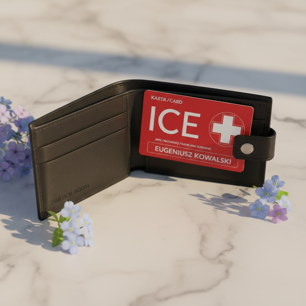 Karta ICE astma — aluminium anodowane, grawer laserowy, format karty kredytowej
