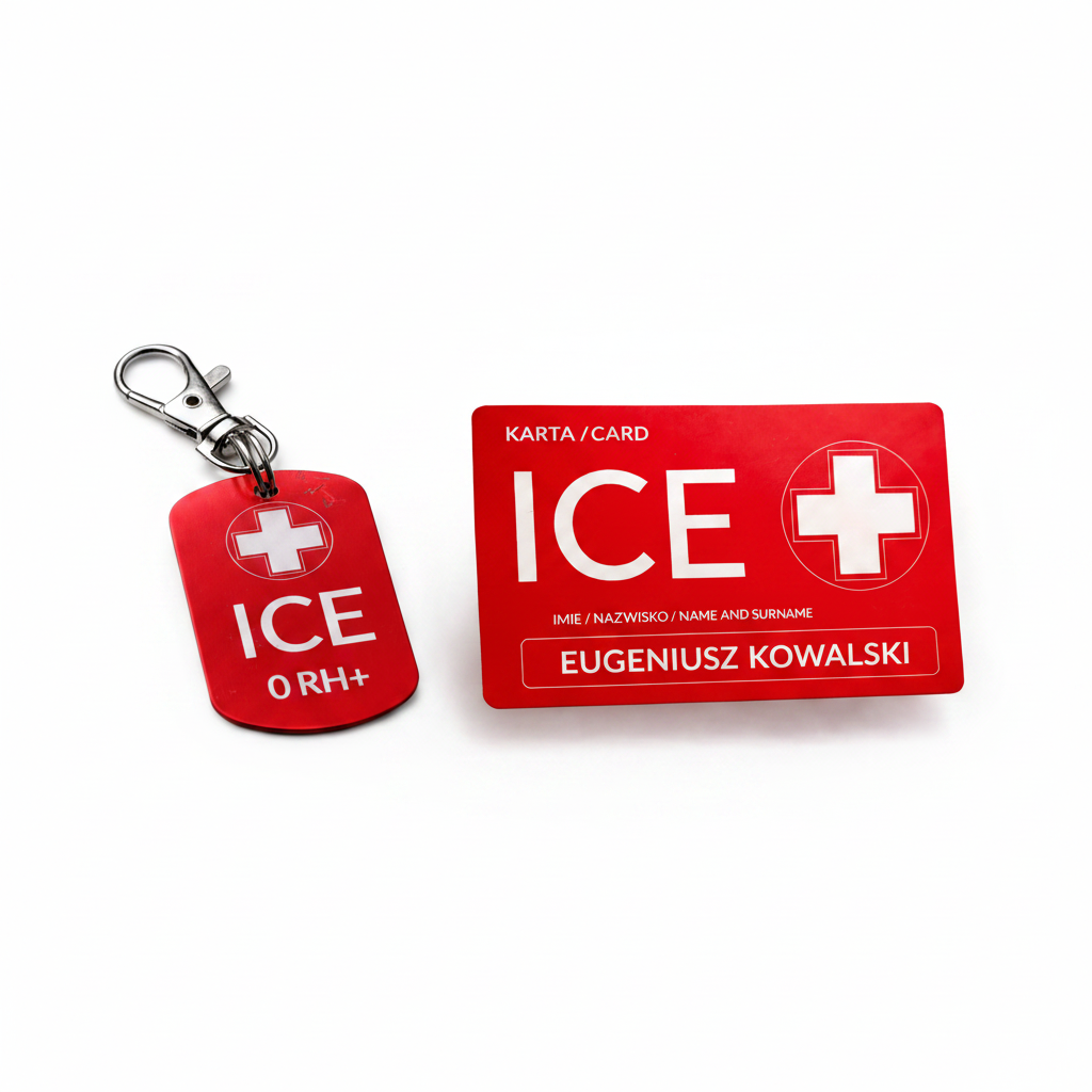 ICECARD Alergia – karta ICE i brelok ICE na białym tle