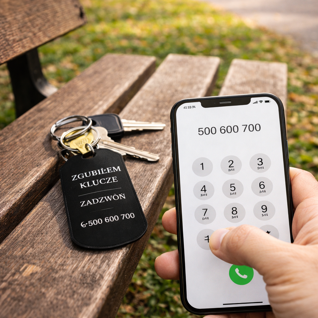 Brelok do kluczy z grawerem leżący na ławce obok kluczy, znalazca dzwoni na wygrawerowany numer telefonu