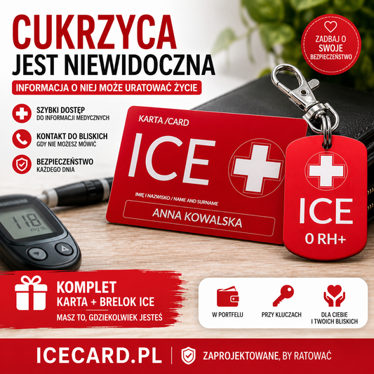 Zestaw ICECARD Cukrzyca + Brelok ICE – karta medyczna i brelok dla diabetyka