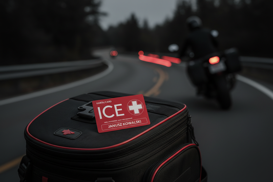 ICECARD Moto – aluminiowa karta ICE dla motocyklistów na tle drogi