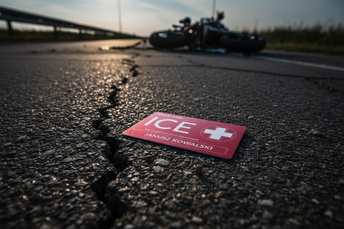 Karta ICECARD leżąca na uszkodzonej nawierzchni drogi po wypadku motocyklowym