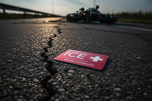 Karta ICECARD leżąca na uszkodzonej nawierzchni drogi po wypadku motocyklowym