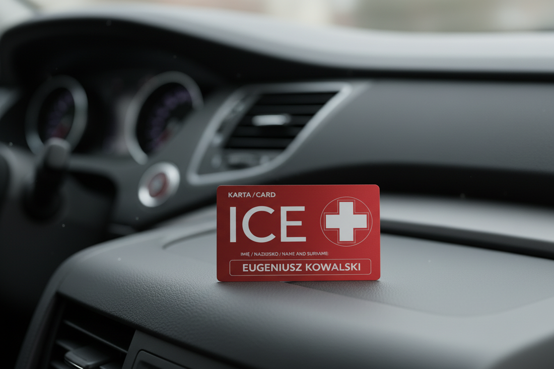 Karta ICECARD Senior na desce rozdzielczej w samochodzie — dane ratunkowe zawsze pod ręką