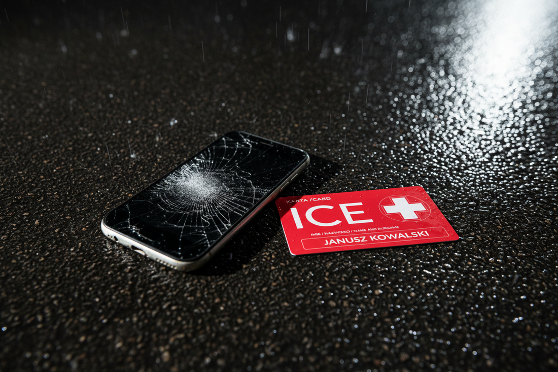 Czerwona karta ICECard leży na asfalcie obok rozbitego smartfona — porównanie niezawodności w nagłych przypadkach