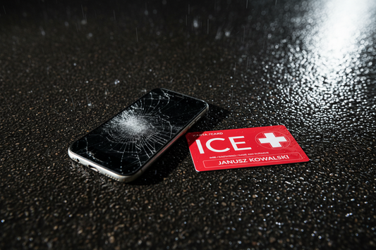 Czerwona karta ICECard leży na asfalcie obok rozbitego smartfona — porównanie niezawodności w nagłych przypadkach