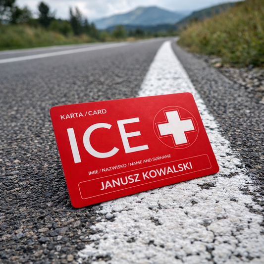 Czerwona karta ICE leżąca na asfalcie drogi – aluminiowy identyfikator medyczny ICECard z imieniem i nazwiskiem właściciela