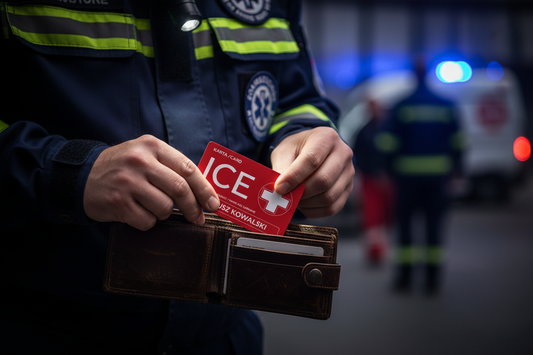 Ratownik medyczny wyciągający czerwoną kartę ICE z portfela poszkodowanego