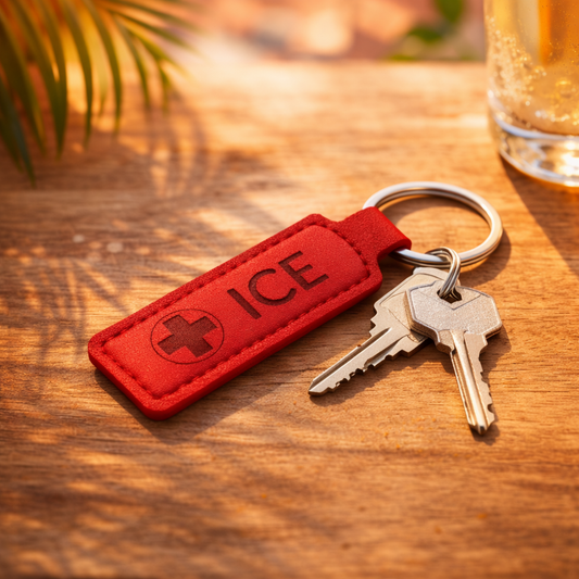 Brelok ICE – skórzany identyfikator medyczny (czerwony)