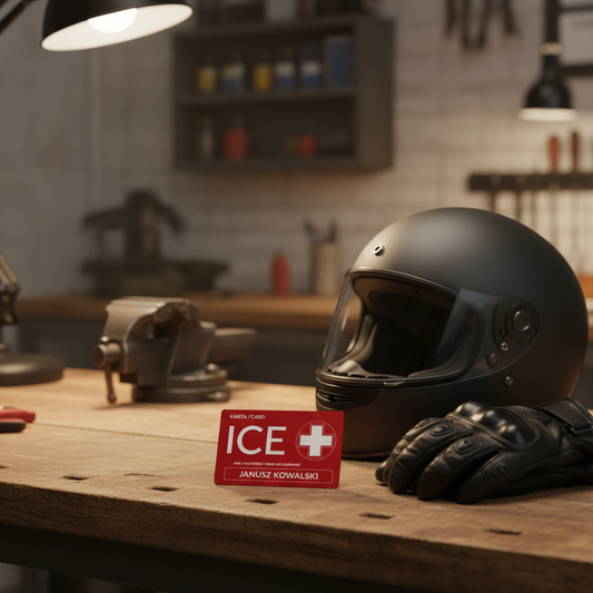 ICECARD Moto - karta ratunkowa ICE na drewnianym stole obok kasku motocyklowego i rękawic, przygotowanie do jazdy