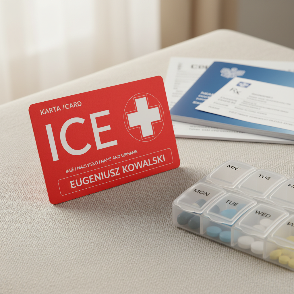 ICECARD Senior - karta ratunkowa ICE obok organizatora leków i dokumentów zdrowotnych, opieka zdrowotna i bezpieczeństwo