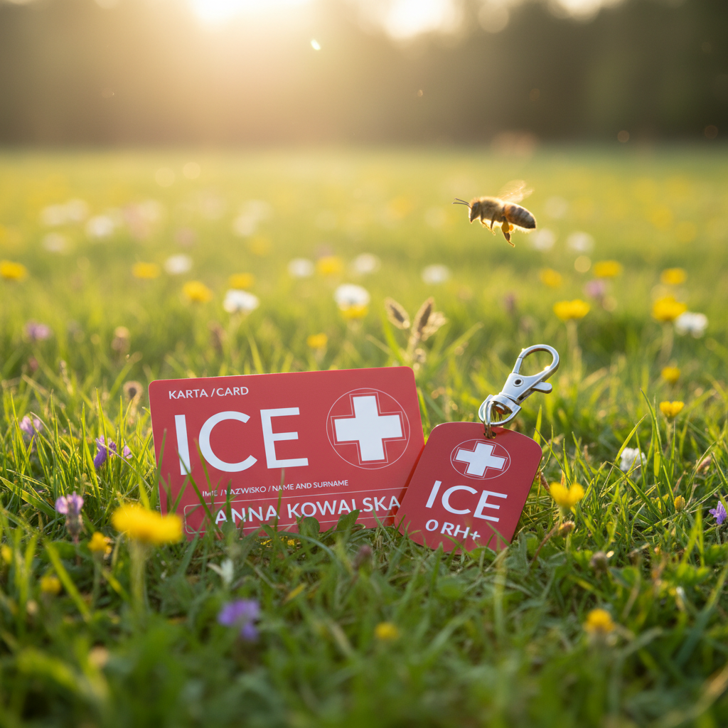 ICECARD Alergia – karta ICE i brelok ICE grawerowany na łące z pszczołą