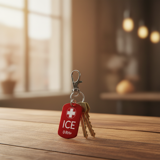 Brelok ICE dla diabetyków — zbliżenie na grawer przy kluczach