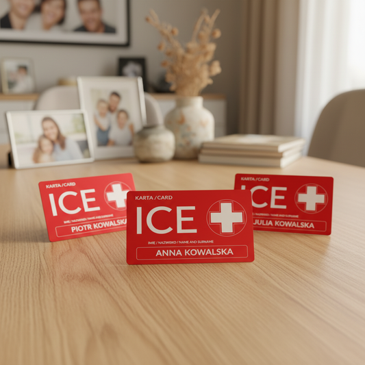 ICECARD Rodzinna - pakiet 3 kart ICE dla całej rodziny na drewnianym stole ze zdjęciami rodzinnymi, bezpieczeństwo rodziny