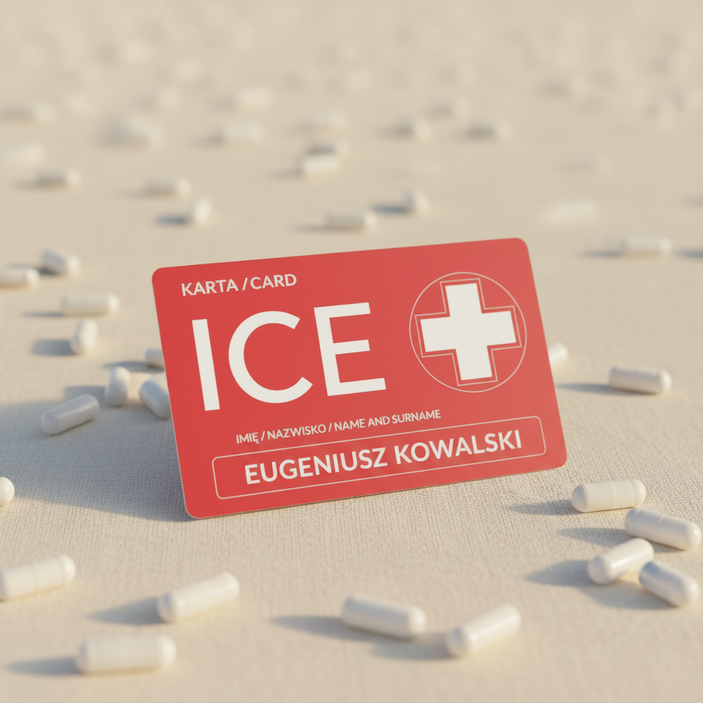 Karta ICE dla osób na stałych lekach — kremowe lniane tło, grawer laserowy