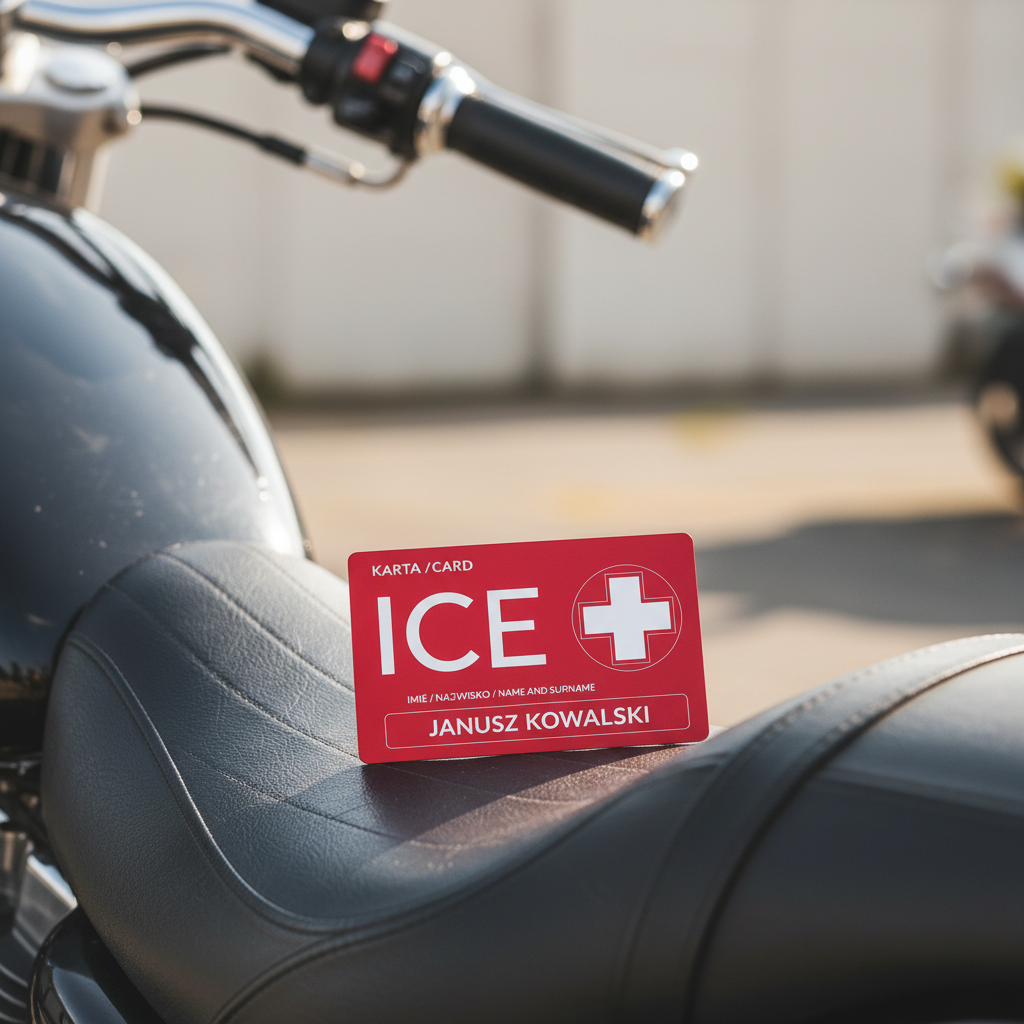 ICECARD Moto - karta ICE dla motocyklistów na skórzanym siodełku motocykla z kierownicą w tle, naturalne światło lifestyle