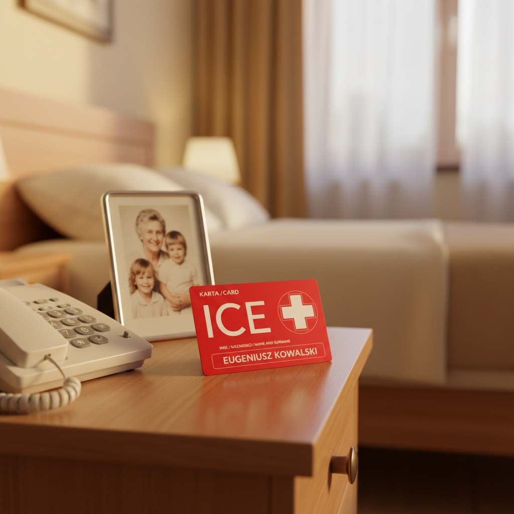 ICECARD Senior - karta ICE na stoliku nocnym obok telefonu i ramki ze zdjęciem rodzinnym, spokojne bezpieczne otoczenie