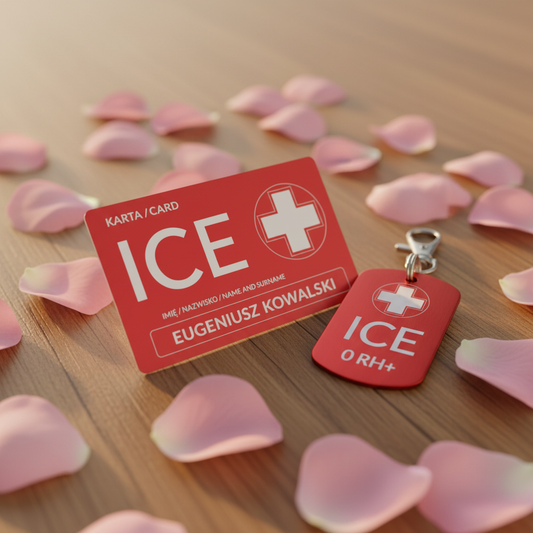 Zestaw ICE dla osób z chorobami serca — karta i brelok na płatkach róż