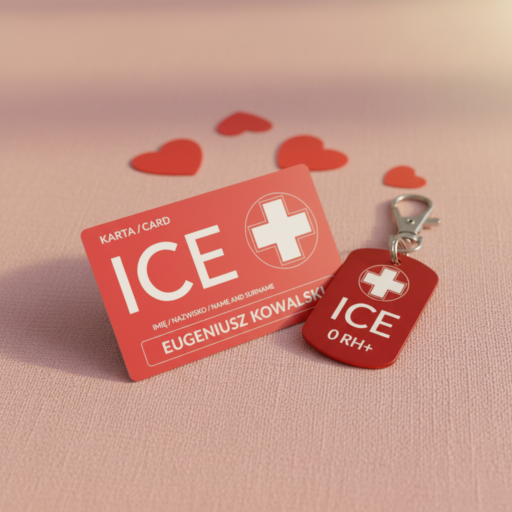 Zestaw karta ICE i brelok ICE dla osób z chorobami serca — różowe lniane tło