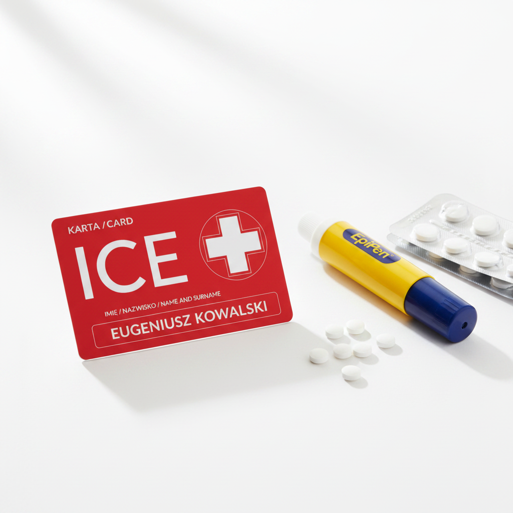 ICECARD Alergia – karta ICE obok EpiPen i leków na białym tle