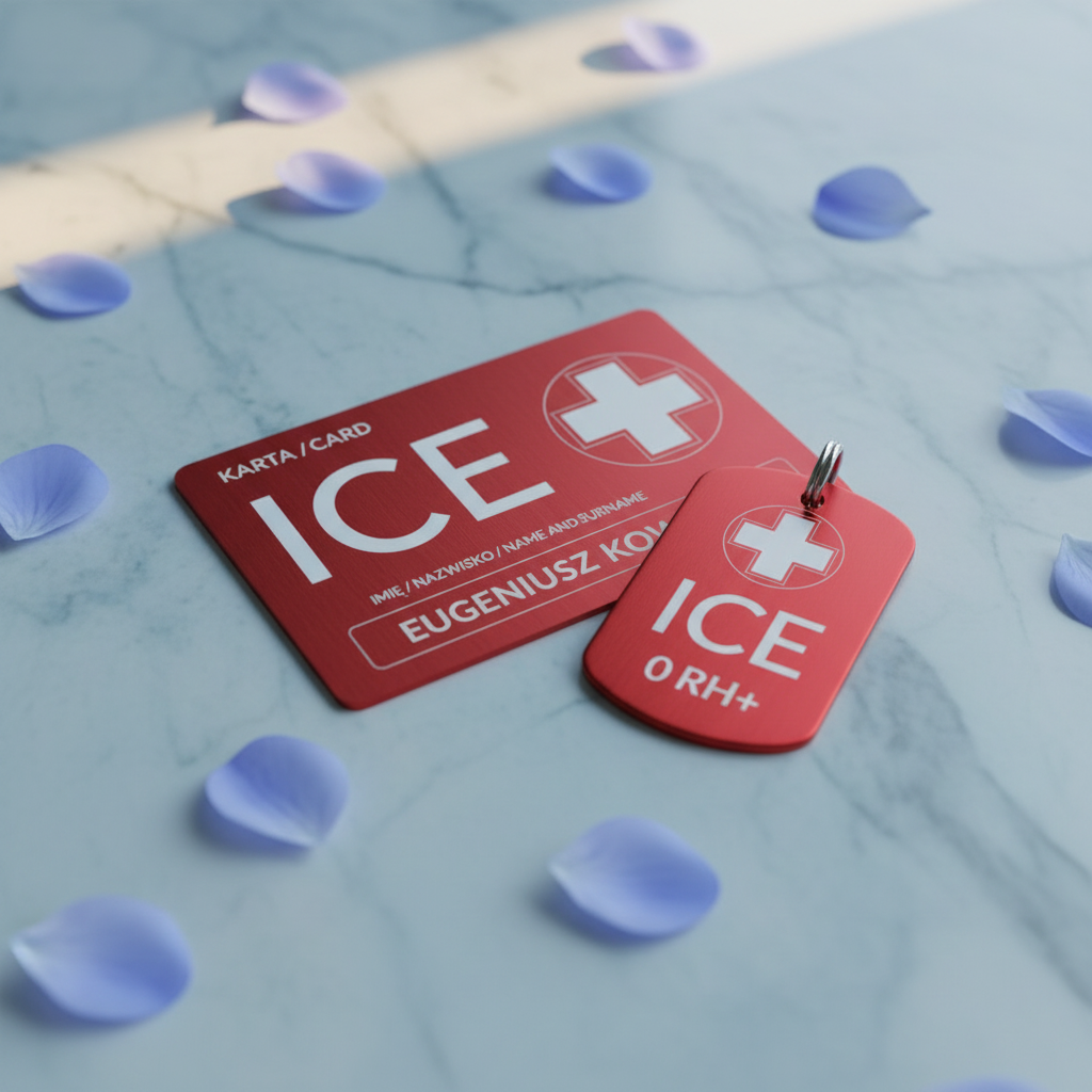 Komplet ICE astma — karta i brelok na błękitnym marmurze