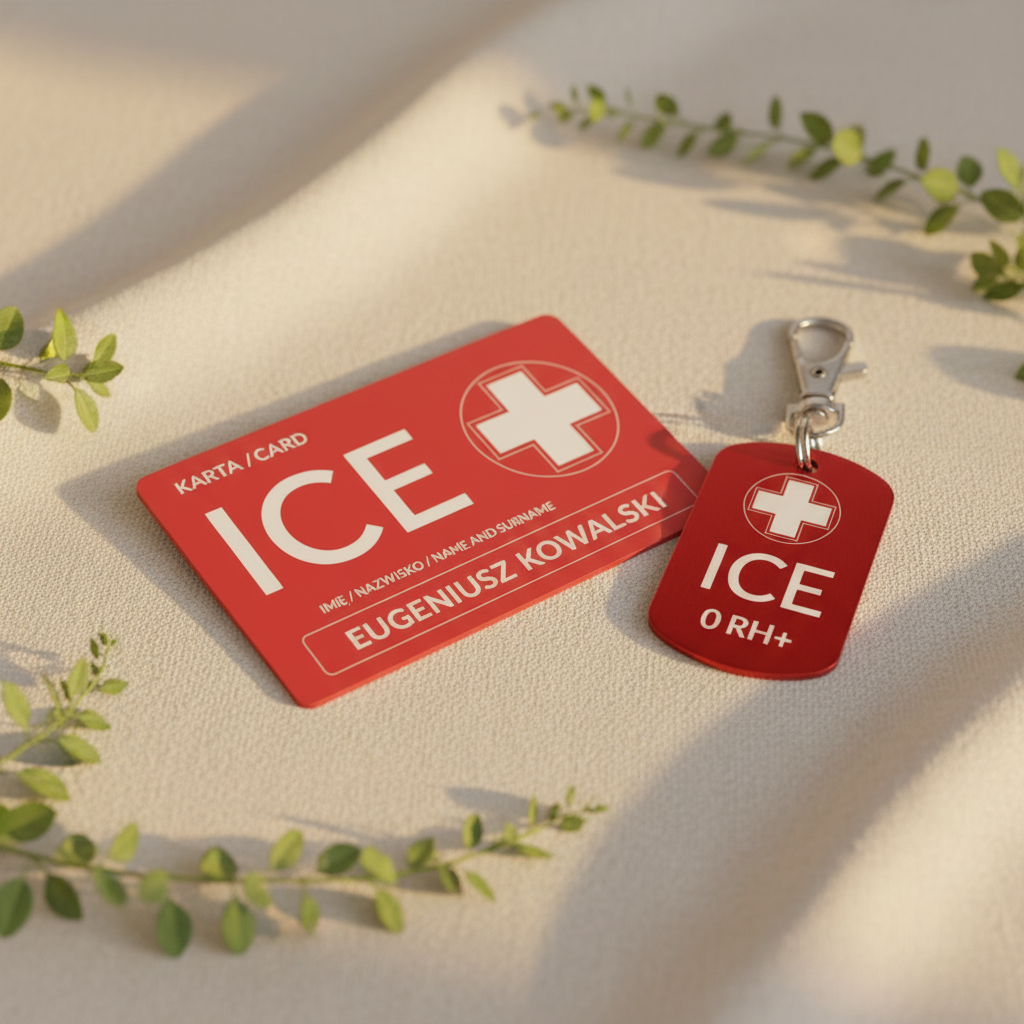 Zestaw karta ICE i brelok ICE dla osób na stałych lekach — kremowe lniane tło