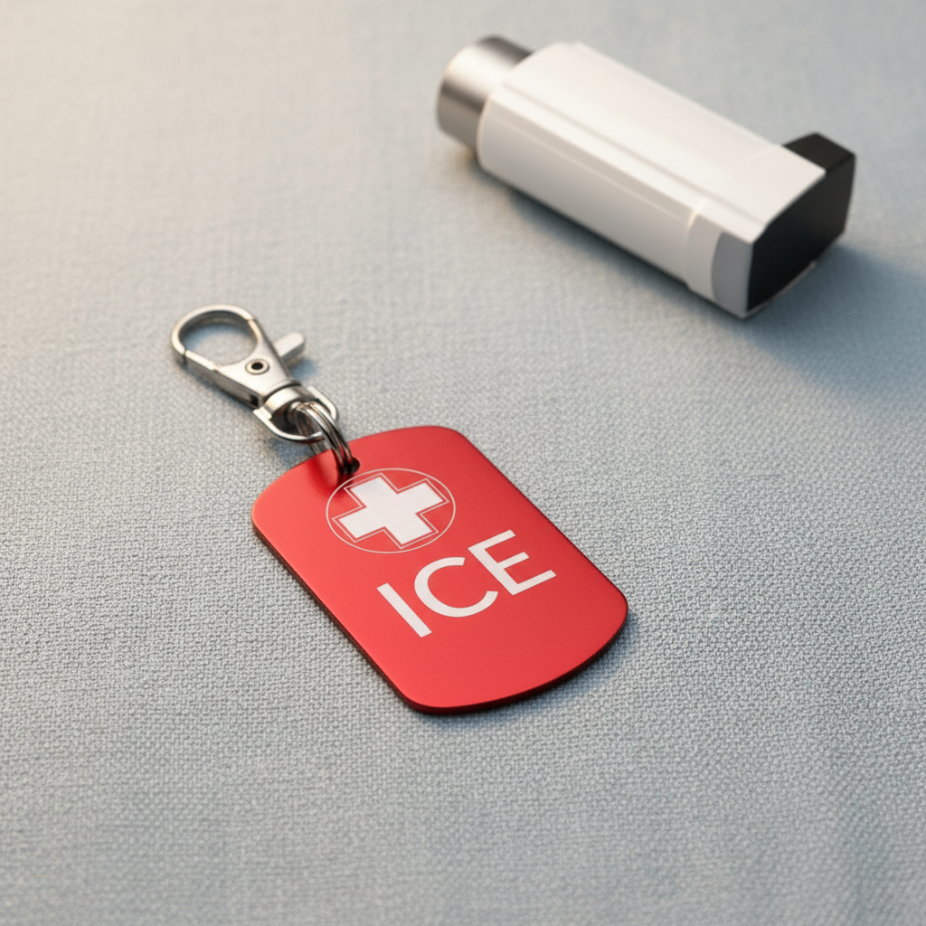 Brelok ICE dla astmatyków — aluminiowy identyfikator medyczny z grawerem ICE