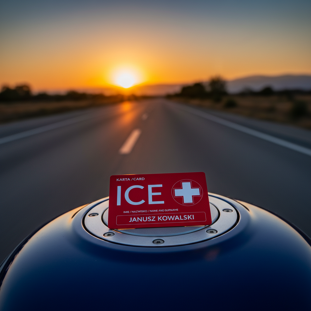 ICECARD Moto - karta ICE na zbiorniku paliwa motocykla z drogą i zachodem słońca w tle, złota godzina, motocyklowa przygoda