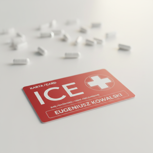 Karta ICE dla osób przyjmujących leki — białe tło, tabletki w tle