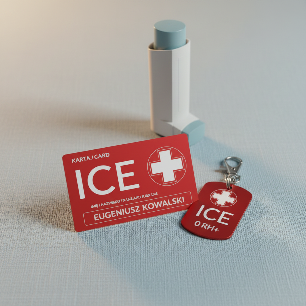 Zestaw ICE dla astmatyków — karta i brelok, inhalator w tle