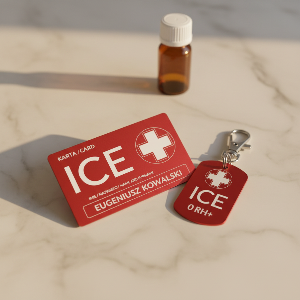 Komplet ICE leki — karta i brelok na kremowym marmurze, dane ratunkowe