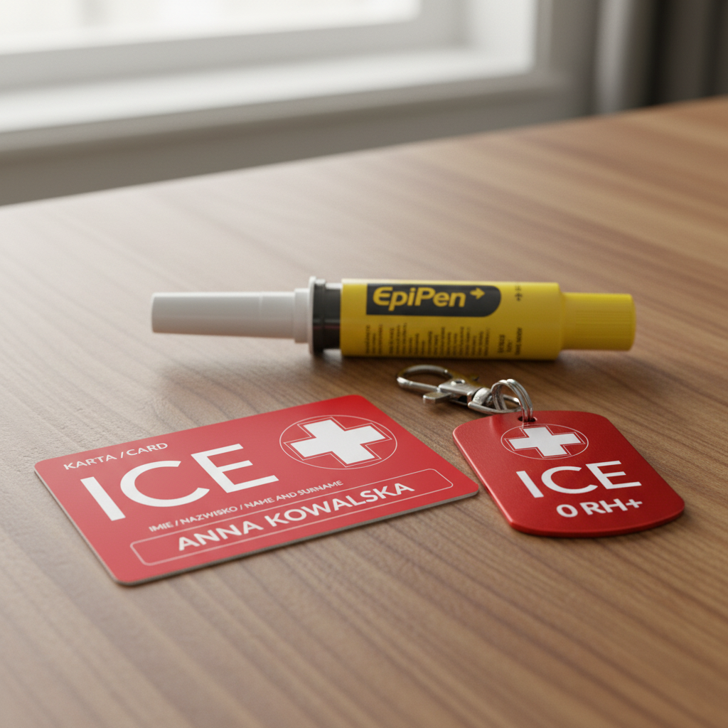 ICECARD Alergia – karta ICE i brelok ICE z EpiPen na stole