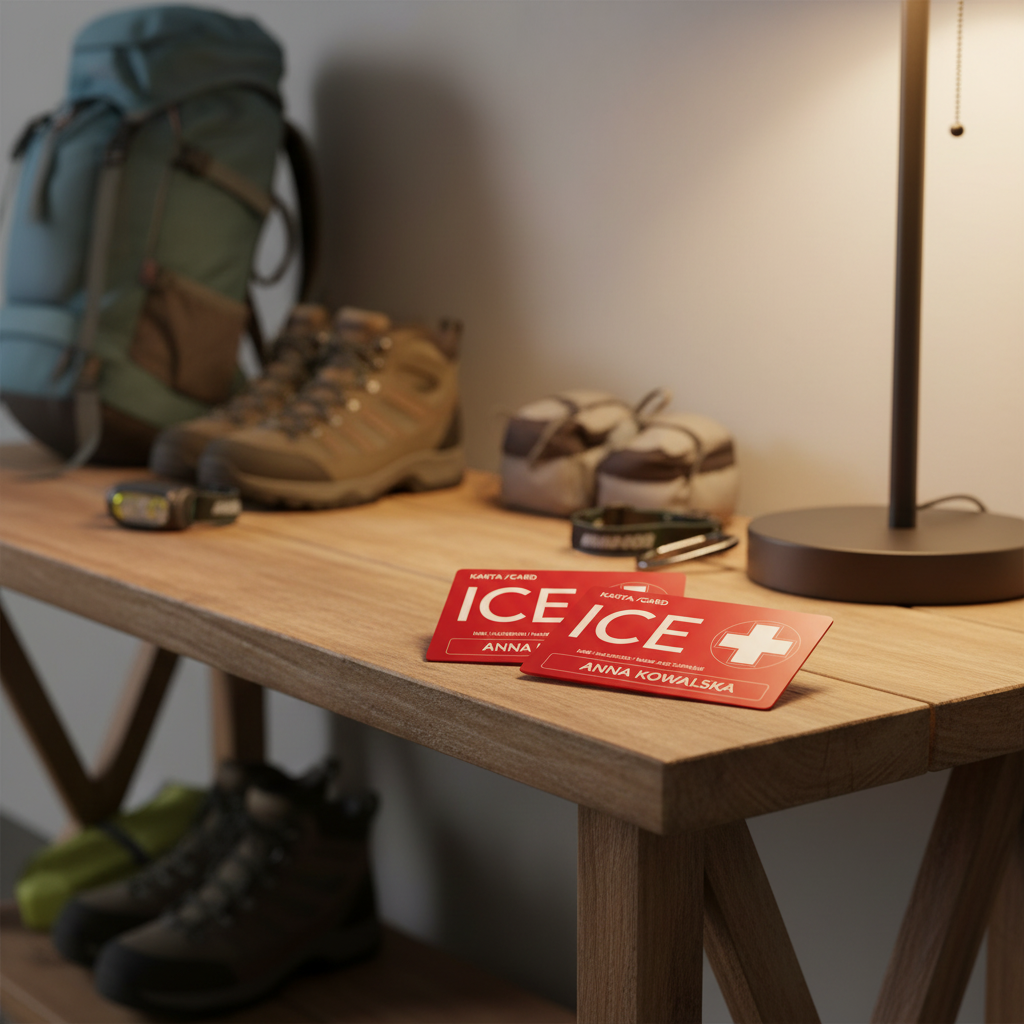 ICECARD Rodzinna - pakiet kart ICE na konsoli przy wejściu obok torób i sprzętu outdoor, gotowość i bezpieczeństwo rodziny