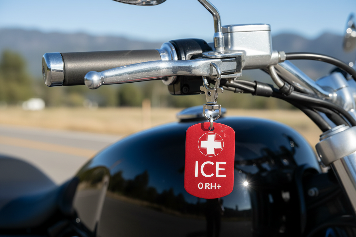 Brelok ICE przy motocyklu – grawerowany aluminiowy identyfikator medyczny