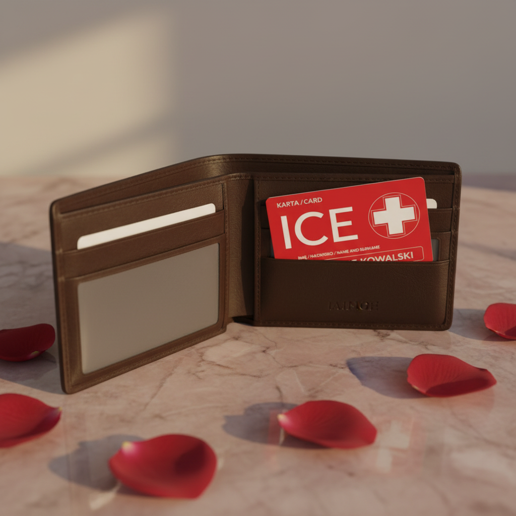 Karta ICE dla kardiologów — w portfelu, różane tło, aluminium anodowane