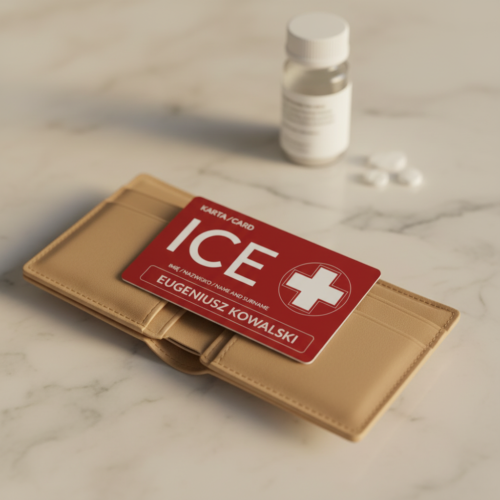 Karta ICE leki — w portfelu, kremowy marmur, dane ratunkowe zawsze przy sobie
