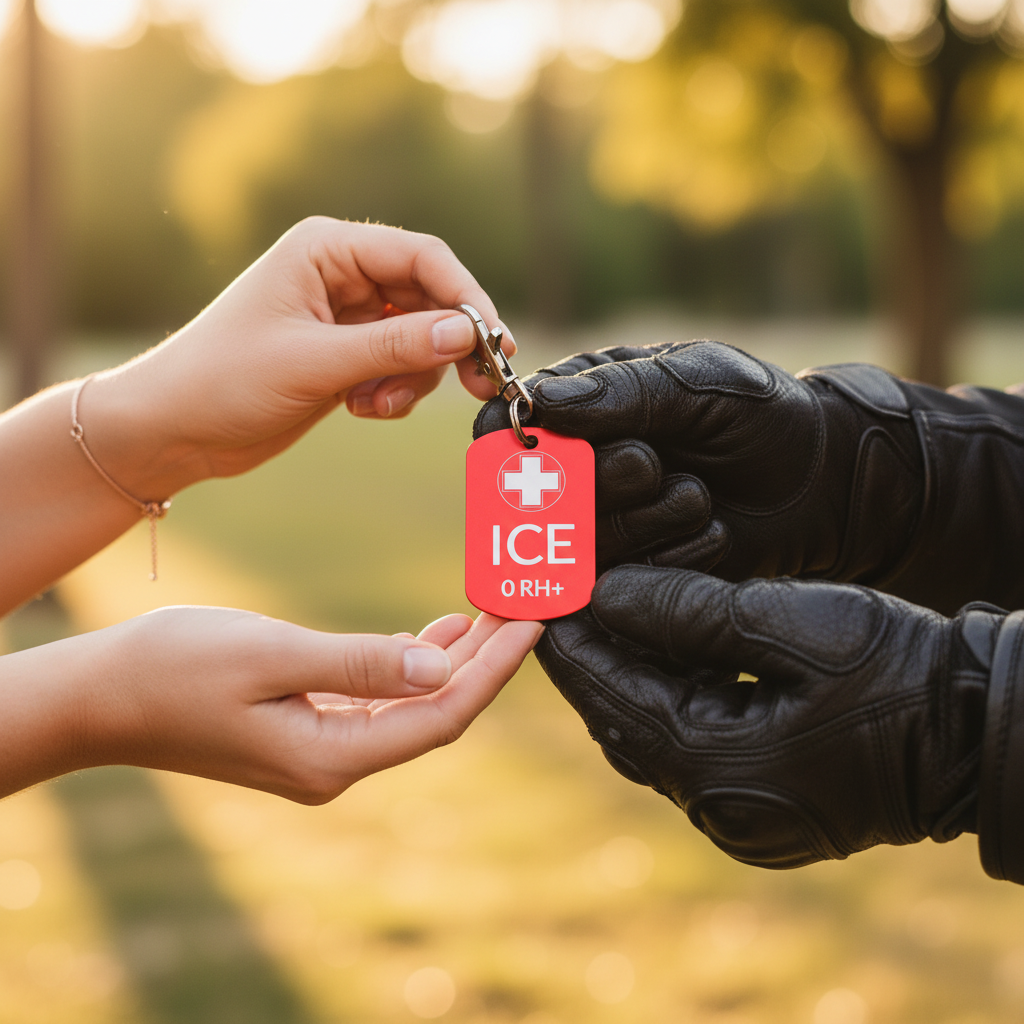 Kobieta wręcza brelok ICE motocykliście
