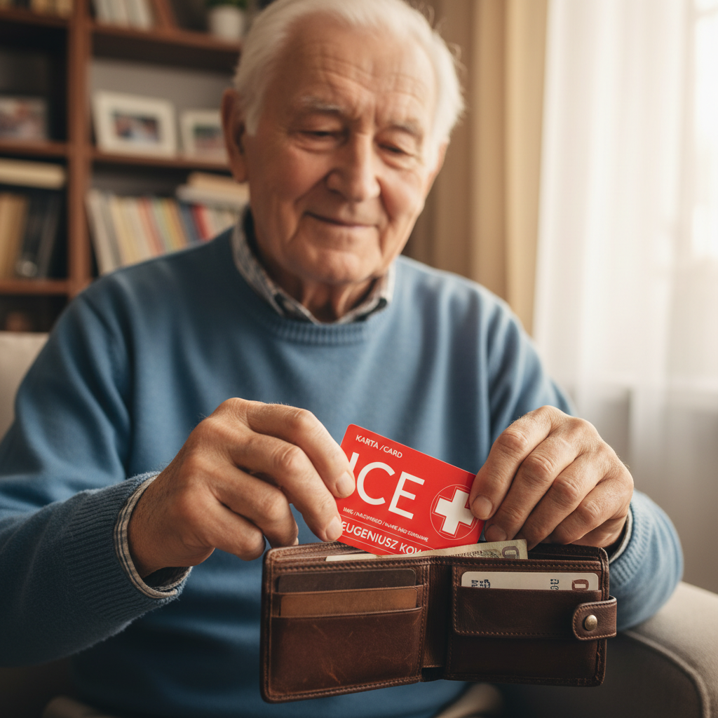 Senior wkładający kartę ICE do portfela