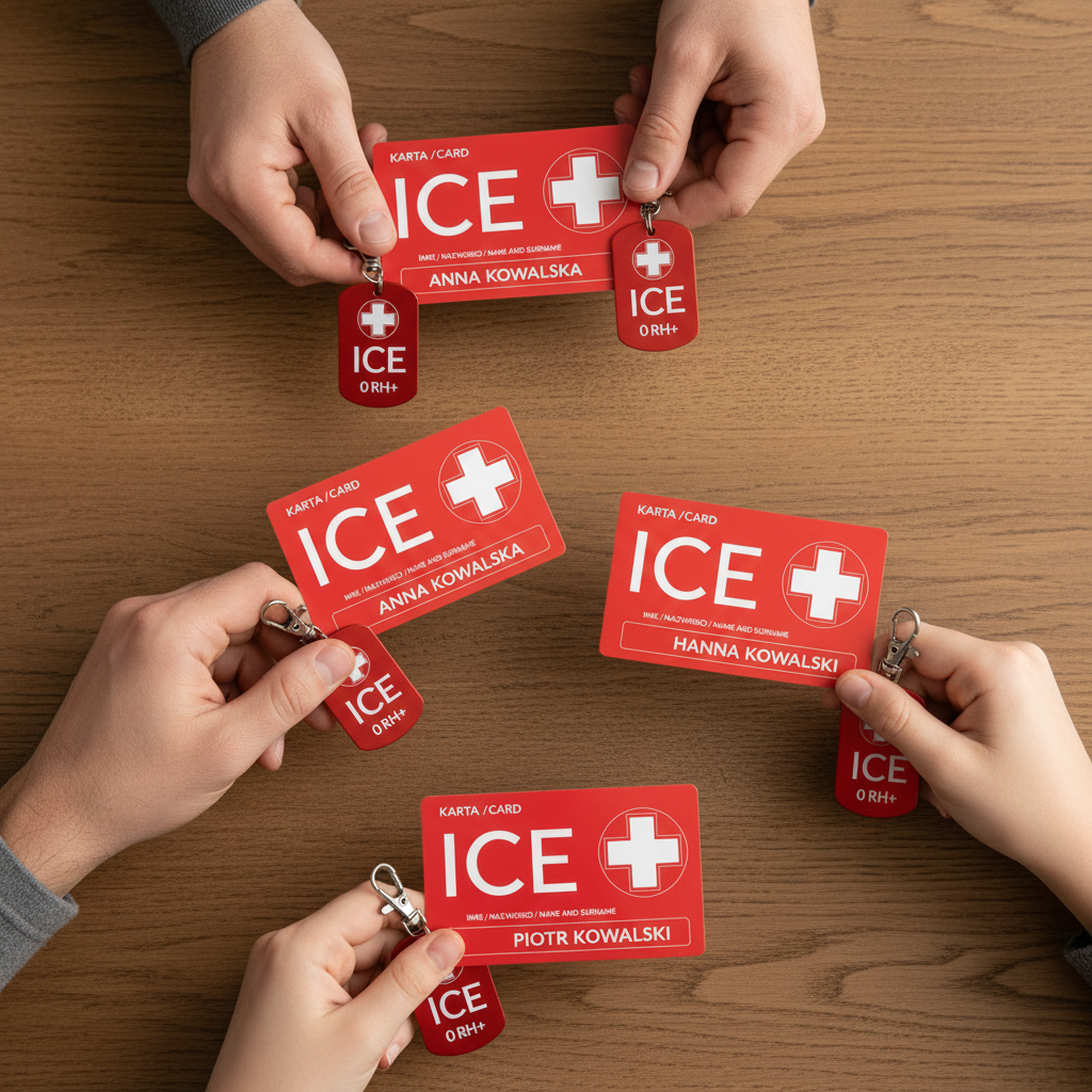 Trzy pary rąk z kartami i brelokami ICE